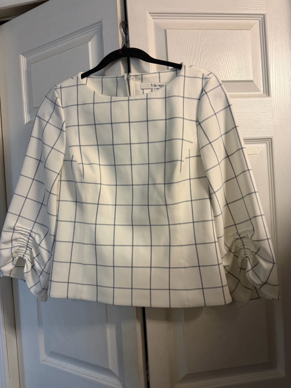 Tibi Cream Blouse with Blue Windowpane Plaid and Ruched Cuffs - Picture 4 of 7